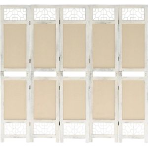 The Living Store Kamerscherm - 5 panelen - 175 x 165 cm - Stevig frame van paulowniahout en MDF - Duurzame stoffen bekleding - Crème en wit - Montage vereist