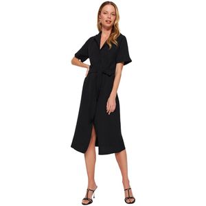 Trendyol Zwarte Midi-Overhemdjurk Met Linnenlook En Riem Twoss23El02400