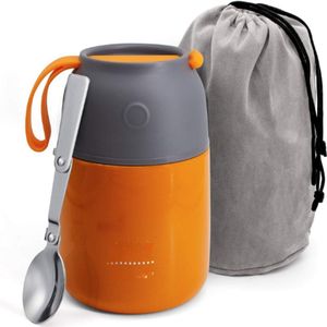 Geïsoleerde Voedselfles - Roestvrijstalen Thermos Container - Warm & Koud - Dubbelwandige Isolatie - Met Opvouwbare Lepel & Zak - 530 ml - Oranje