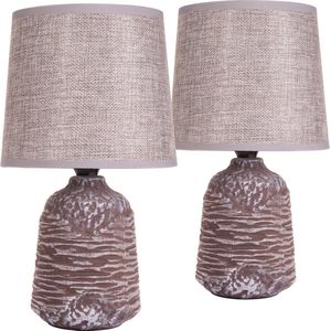 BRUBAKER Set van 2 tafellampen - Bedlampjes - 27,5 cm - Decoratieve Keramische lampvoeten - Natuurlijke Structuur - linnen kap - grijs/bruin