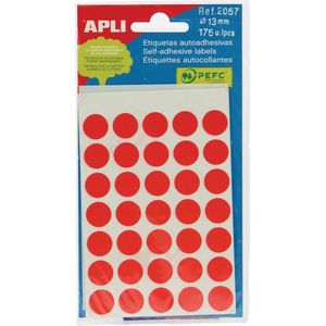 Apli ronde etiketten in etui diameter 13 mm, rood, 175 stuks, 35 per blad (2057)