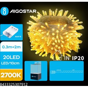 Aigostar - LED Kerstslinger - 20 LEDS - 2700K - Warm wit licht - 2 meter - IP44 - 3x AAA batterij