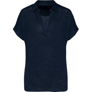 Vintage look linnen herenpolo met knooplijst Navy Blue - XS