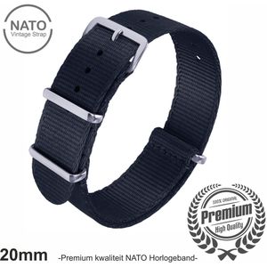 20mm Premium Nato horlogeband Zwart - Vintage James Bond look- Nato Strap collectie - Mannen - Horlogebanden - 20 mm bandbreedte