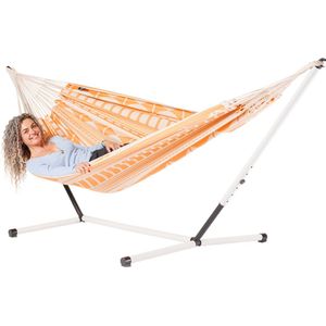 Luilak 2 persoons hangmat hangmat met metalen standaard - 100% Katoen - 350x160cm - 160kg draagkracht - binnen & buiten - Ecru, Oranje, Roze