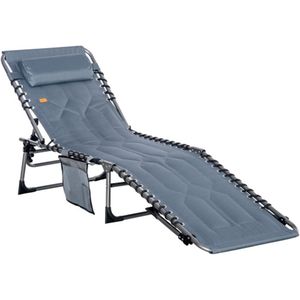 Openlucht ligstoel, opvouwbare tuinligstoel met kussen, zijvak, ligstoel met 5-voudig verstelbare rugleuning, weerbestendige campingligstoel, draagvermogen tot 130 kg, voor tuin, strand, zwembad, grijs