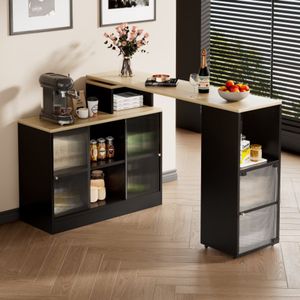 Uitschuifbare bartafel met opbergruimte, moderne verrijdbare bartafel, statafel, bistrotafel, hoge tafel, bistrotafel, grote opbergruimte, rotatie zonder tillen