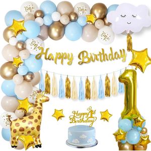 FeestmetJoep® Feestartikelen voor 1e Verjaardag Jungle & dieren - Feestversiering voor 1e Verjaardag - Happy Birthday Ballonnen - Verjaardag Decoraties Blauw en Goud voor Jongens en Meisjes - Blauw en Goudkleurige 1e Verjaardag Feestartikelen