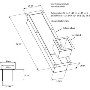 SAAR -Inbouw Toilet Reserve Rolhouder RVS - met mat RVS inzetstuk , (uitneembaar) -72 x 20 x 13 cm - inbouwdiepte 12 cm
