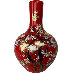Fine Asianliving Chinese Vaas Rood Bloesems Handgemaakt D41xH57cm