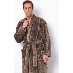 Luxe kimono heren – taupe kimono – reliëfpatroon - zacht - extra lange badjas voor heren – luxury bathrobe – 100% fleece – maat M