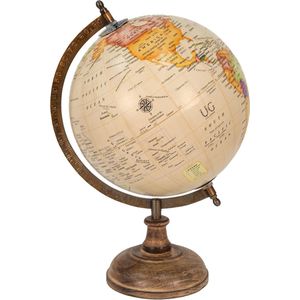 HAES DECO - Decoratieve Wereldbol met bruin houten voet - formaat 22x37cm - kleuren Bruin / Beige / Oranje - Vintage Wereldbol, Globe, Aarbol