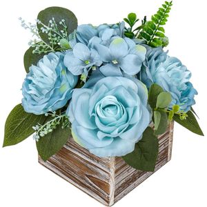 Hortensia kunstbloemen in houten vaas, kunstbloemen in pot, kunstpotbloemen, rozen, pioenrozen, hortensia's, tafelopzetstukken voor tafeldecoratie, woonkamer, binnen, thuis, badkamer