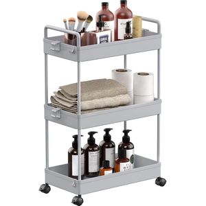 3-laags opbergtrolley kar uitschuifbare slanke rollende boodschappenkar mobiele opslag rekken organizer voor keuken, badkamer, wasruimte, slaapkamer, smalle plaatsen, kunststof, grijs