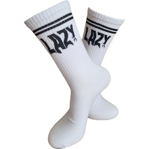 Verjaardags cadeau - Lui Sokken - Lazy - leuke sokken - vrolijke sokken - witte sokken - tennis sokken - sport sokken - valentijns cadeau - sokken met tekst - aparte sokken - grappige sokken - Socks waar je Happy van wordt - maat 37-44