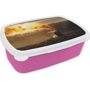 Broodtrommel Roze - Lunchbox - Brooddoos - Een zonsondergang achter de stoomlocomotief - 18x12x6 cm - Kinderen - Meisje