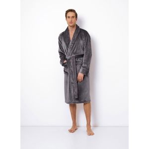 Luxe badjas heren – grijze badjas met luxe details – kroon borduring - herenbadjas zacht – luxury bathrobe – 100% fleece – maat L