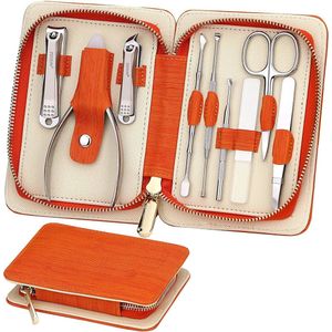 Manicureset, professionele roestvrijstalen nagelknipper, 9-in-1 pedicure- en verzorgingsset met reisetui (oranje)