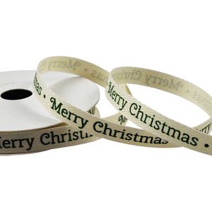 Kerst Lint 10mm (1cm) | Katoen Lint | Keperband Kerstlint | Merry Christmas Groen | Naturel Crème | Cadeaulint | Stoffen lint | Rol: 10 Meter