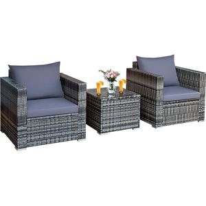 3-delige polyrotan set rotan meubelen, rotan zitgarnituur met tafel van glas en wasbaar zitkussen, tuinzitgroep, balkonset lounge voor binnen en buiten, grijs