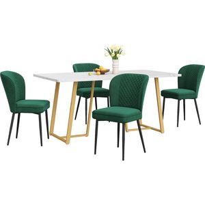 Merax Eetkamerset – Eettafel (140x80x75 cm) met 4 Donkergroene Fluwelen Stoelen – Wit MDF Tafelblad en Gouden Metalen Poten