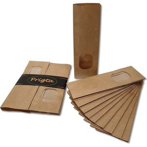 Prigta - Papieren zakjes / blokbodemzakjes XS - met venster - 10 stuks - 7x4x20 cm - uitdeelzakjes papier - bruin kraft