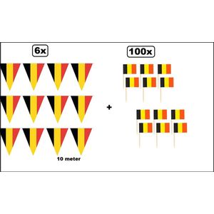 6x Vlaggenlijn Belgie (3 kleur) 10 meter + 100x cocktailprikker Belgie - Thema feest Belgium EK voetbal Party verjaardag fun