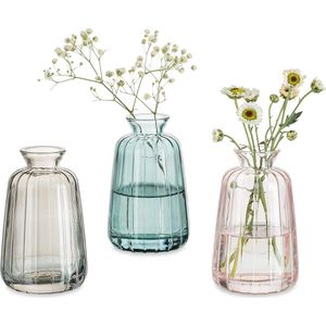 Kleine vazen bruiloft tafeldecoratie vintage, 3-delige mini-vaas glas bloemenvaas moderne set slanke hydrocultuur glazen vaas voor bloemen decoratie bruiloft tafel woonkamer salontafel badkamer, groen + grijs + roze
