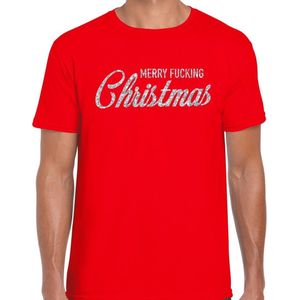 Fout kerstshirt / t-shirt - Merry Fucking Christmas - zilver / glitter - rood voor heren - kerstkleding / christmas outfit M