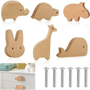 Dierenvorm kastknoppen voor kinderkamer - Set van 6 - Meubelknoppen hout - Kids handgrepen - Inclusief schroeven - Knoppen voor kinderkast - Ladeknoppen - Laden kast commode kastknoppen kinderkamer