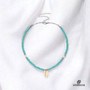 Leerella Boho Schelp Charme Blauwe Goudkleur Kralen Ketting – Stijlvolle Choker met Schelp Hangertje – 37 cm