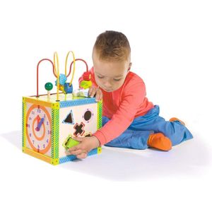 speelcentrum - kleurrijke motorische kubus met motorische lus, insteekspel, muziekdoos, draaispel, motoriekspel, voor kinderen vanaf 1 jaar, houten speelgoed