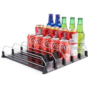 Zelfschuifbare drankblikjesorganizer voor koelkast, drankdispenser, automatische blikjesdispenser veerbelasting, 5-rijdispenser, gemonteerd, bevat 25 blikjes, zwart,