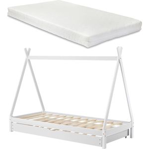 Kinderbed Agnes - Tipi - Met Onderschuifbed - En 1 Matras - 90x200 cm - Wit - Grenen - Voor meisjes - Voor jongens - Voor kinderen