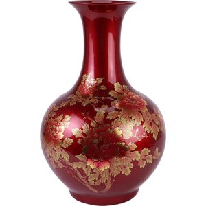 Fine Asianliving Chinese Vaas Porselein Rood Goud Pioenen Handgemaakt - Aurore D25xH39cm