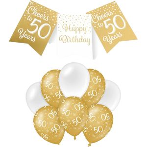Paperdreams Luxe 50 jaar feestversiering set - Ballonnen & vlaggenlijnen - wit/goud