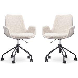 Nolon Nout-Eef Bureaustoelen Set van 2 Bouclé Beige - Stof - Verstelbaar - Wielen - Zwart Onderstel - Lage Armleuning - Modern - Design
