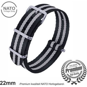 22mm Premium Nato horlogeband Grijs Zwart gestreept - Vintage James Bond look- Nato Strap collectie - Mannen - Horlogebanden - 22 mm bandbreedte