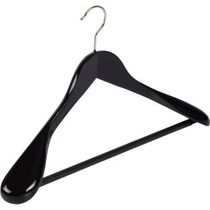 De Kledinghanger Gigant - 12 x Mantelhanger / kostuumhanger lotushout zwart gelakt met schouderverbreding en anti-slip broeklat, 44 cm