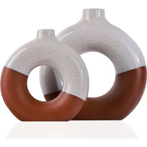 Terracotta decor cirkel pampasgras vaas - voor 2 donut vaasset - met gatenset - moderne Scandinavische minimalistische decoratie