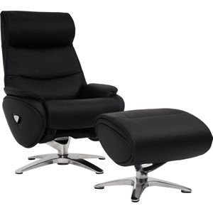Relaxfauteuil met hocker MCW-K98, TV-fauteuil, relaxfunctie, draaibaar, metaal echt leer/kunstleer ~ zwart