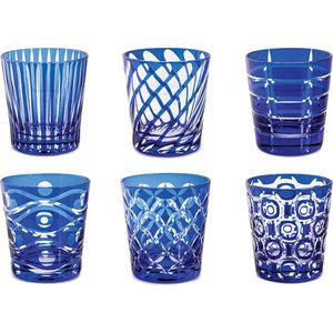 Livellara Luxury Blue - water/drinkglas - mix van 6 designs - 300ml - hand cut - vintage colors - luxe afwerking