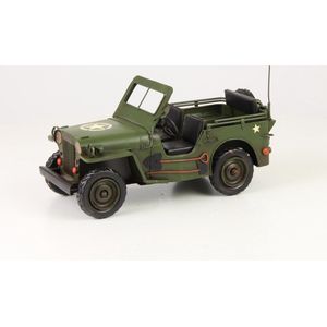 Decoratief Beeld - Een Blikken Model Van Een Leger Jeep - Aluminium - Wexdeco - Zwart, Wit, Groen En Bruin - 29.1 X 13.6 Cm