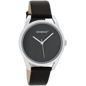 OOZOO Timepieces - Zilverkleurige horloge met zwarte leren band - JR294