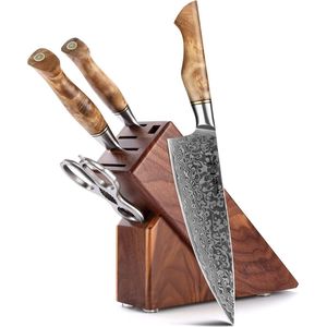 Luxe en Professionele 5-delige Keukenmessen-set van Damascus Staal (67 lagen, VG10) | HEZHEN B30 Series | Vlijmscherpe Damascus Stalen Lemmeten | Handvat van Plataanhout met Klinknagel Mozaïek | Koksmes + Santokumes + Groentemes + Blok + Keukenschaar