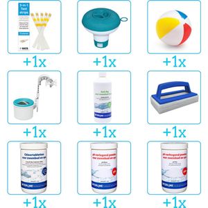 Alles-in-1 Zwembad Onderhoudspakket - bevat Chloor - PH-min - PH-plus - Skimmer - Anti Alg - Scrubborstel - Testrips - Chloordrijver en Strandbal (9-delig)