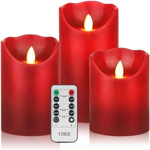 Set van 3 Batterij Kaarsen - 4"" 5"" 6"" Echte Was Pillars met Realistische Dansende LED Vlammen - Inclusief 10-Knop Afstandsbediening - 2/4/6/8-Uur Timer Functie - 200 Uur Gebruik (Rood)