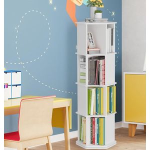 Draaibare boekenkast, staand rek, draaibaar, kantoorrek, 360 graden, decoratief rek, 4 niveaus, hout, draaibaar, hoog - wit