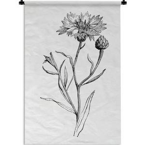 Wandkleed Korenbloem illustratie - Een zwart-wit illustratie van een enkele korenbloem Wandkleed katoen 120x180 cm - Wandtapijt met foto XXL / Groot formaat!