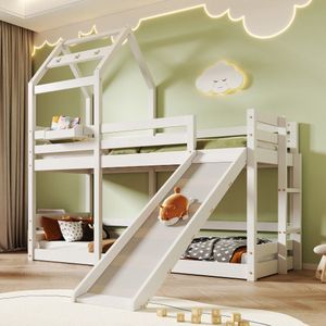 Kinderbed boomhut met glijbaan en ladder 90 x 200 cm, hoogslaper voor kinderen - 2x lattenbodem - wit